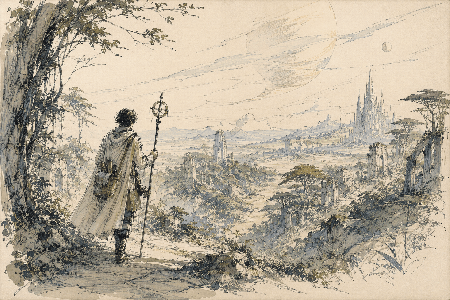 A traveler surveying a path through a distant PostgreSQL landscape